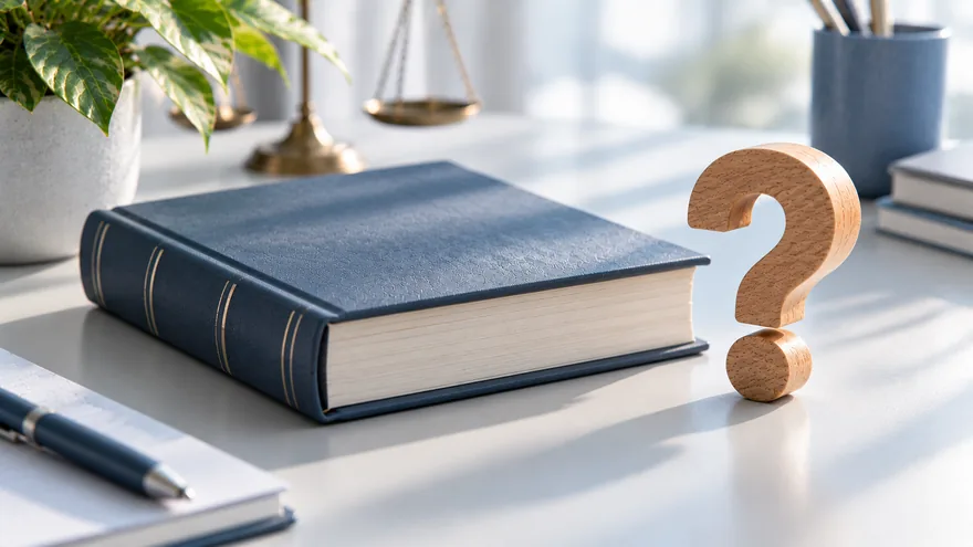 LUGAS FAQ – Fragezeichen und Gesetzbuch auf dem Schreibtisch