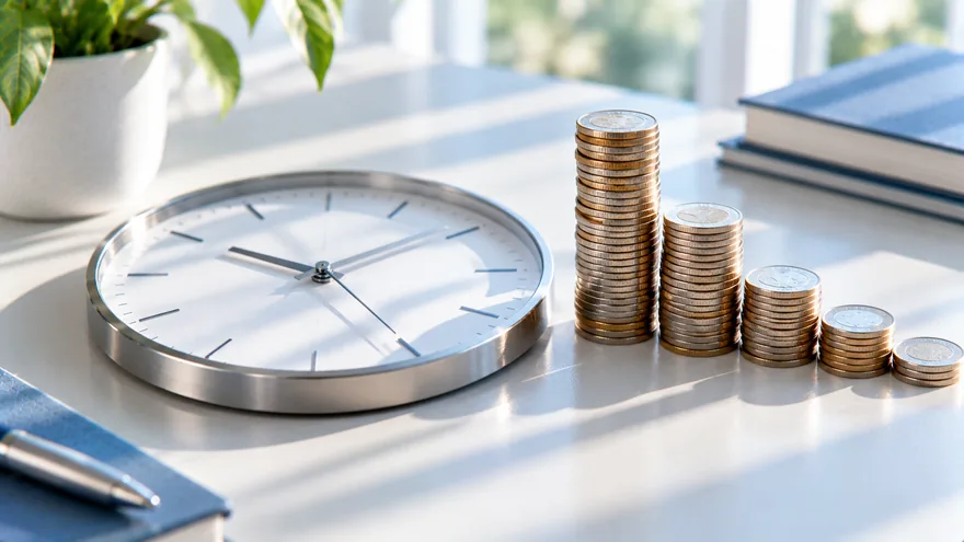 5-Sekunden-Regel Auswirkung – Uhr und Münzstapel als Bild für den Stundenrahmen